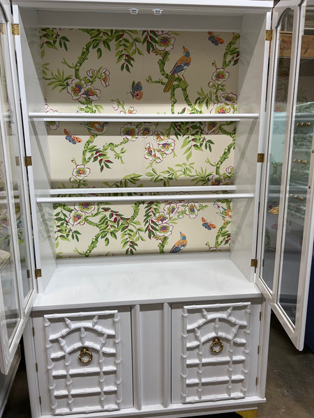 Vintage Faux Bamboo China Cabinet with Fretwork Detailing Available for Custom Lacquer! - Hibiscus House