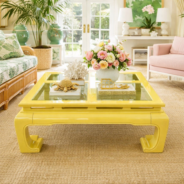 Vintage Ming Style Wood Coffee Table with Glass Top Available for Custom Lacquer! - Hibiscus House