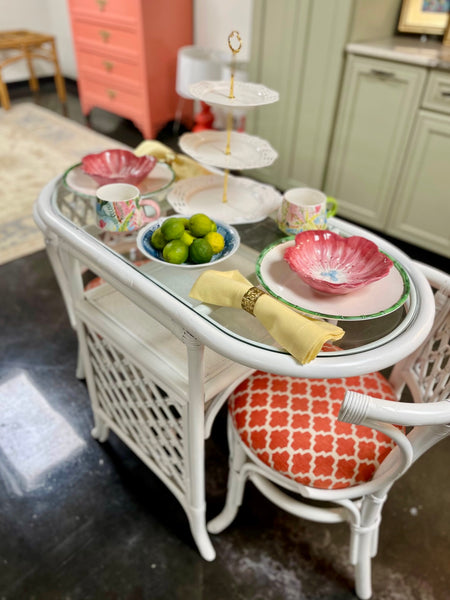 Vintage Rattan Honeymoon Table and Chair Set Available for Custom Lacquer!