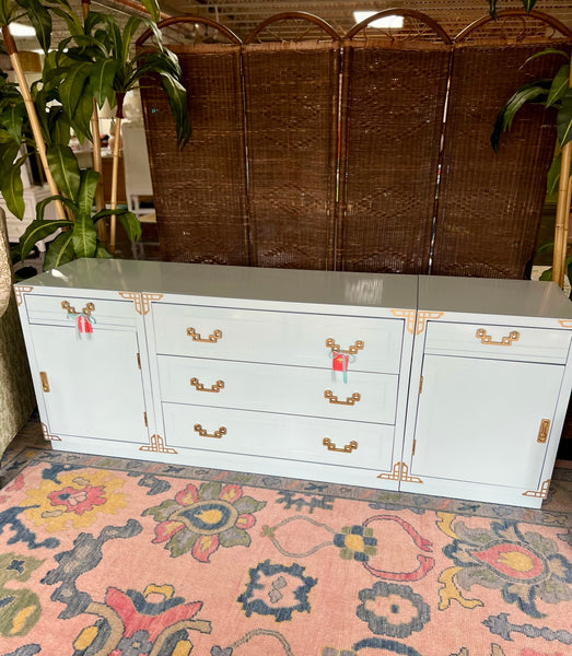 Vintage Bassett Furniture Chinoiserie Style Tall Nightstand Pair in Watery Available & Ready to Ship