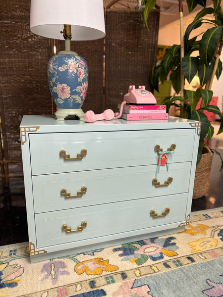 Vintage Bassett Chinoiserie Style Chest Lacquered in Watery Available & Ready to Ship