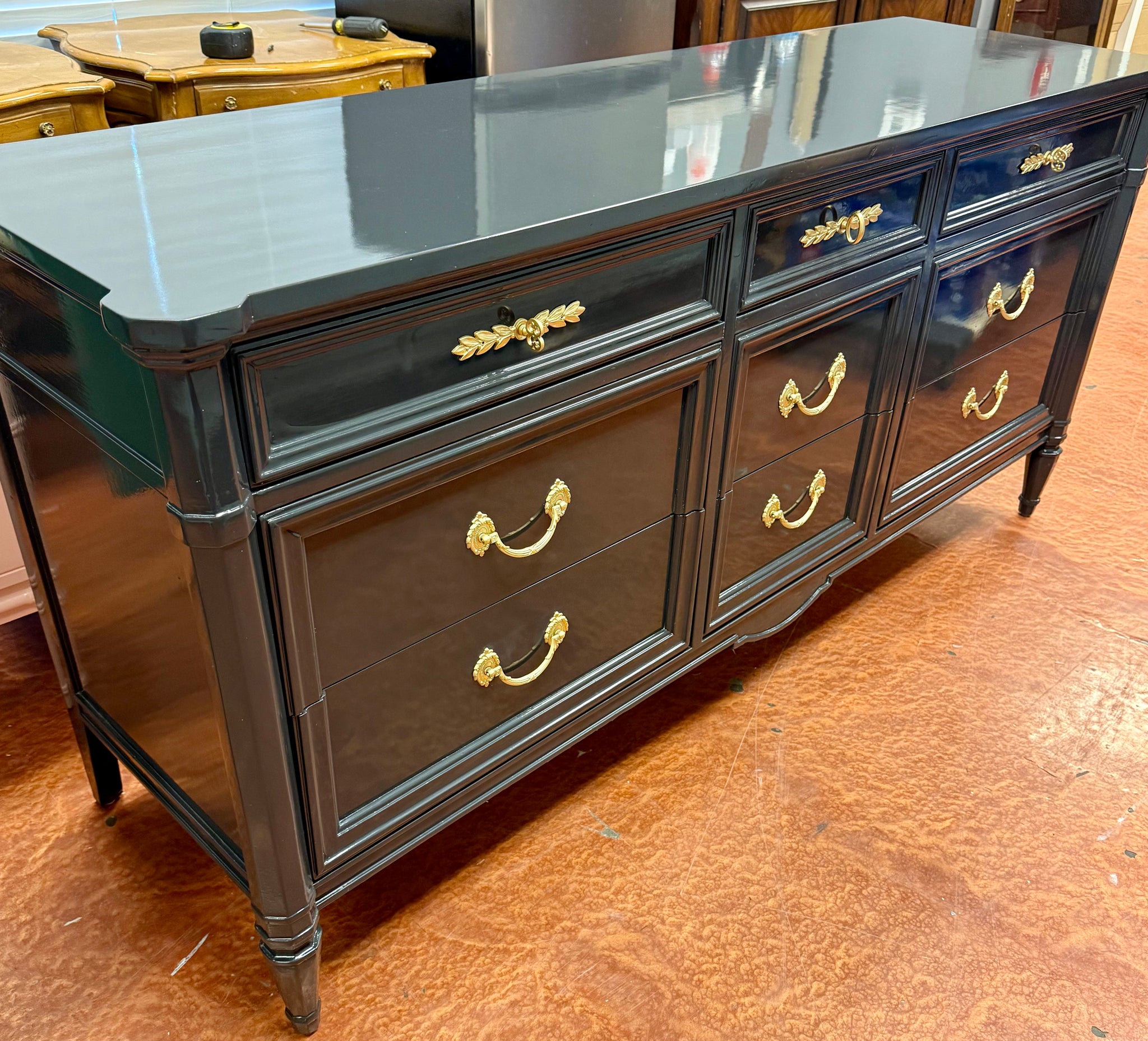 National Mount Airy Nine Drawer Traditional Style Dresser Lacquered in High Gloss Black Ready to Ship! – Hibiscus House National Mount Airy Nine Drawer Traditional Style Dresser Lacquered in High Gloss Black Ready to Ship! – Hibiscus House