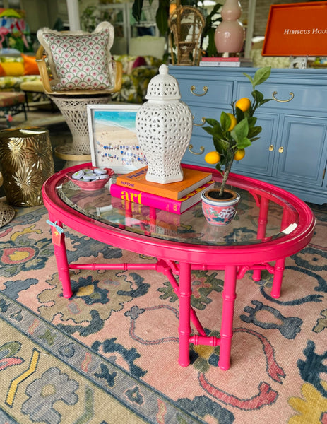 Vintage Faux Bamboo Coffee Table with Fretwork Available for Custom Lacquer! - Hibiscus House