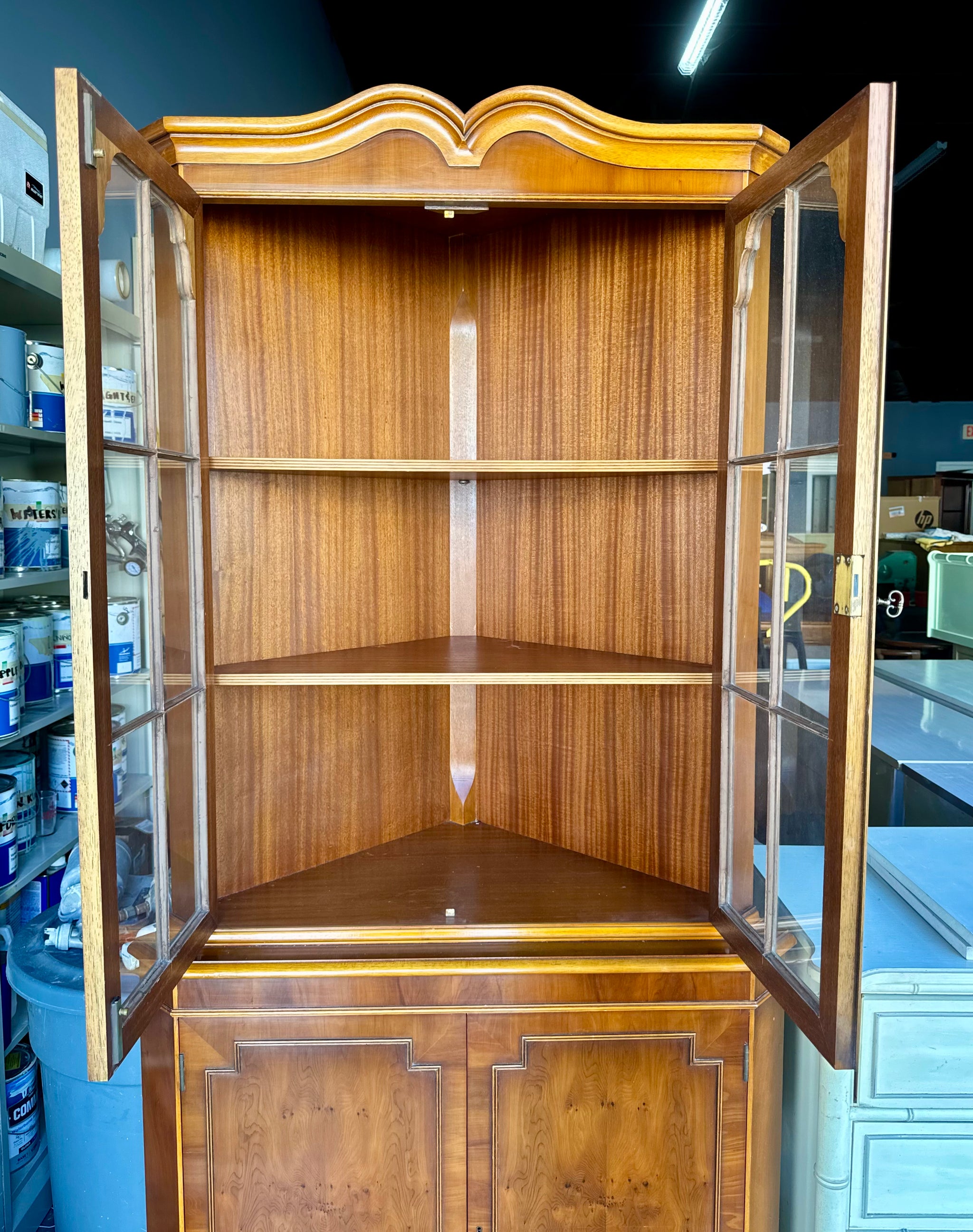 Vintage Corner China Cabinet with Arched Top Detailing Available
