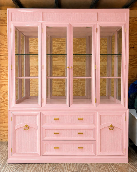 Vintage Bassett Bamboo & Cane Front Two Piece China Cabinet Available for Custom Lacquer!