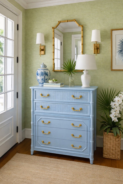 Broyhill Bamboo Tallboy Chest of Drawers Lacquered in Blue Heather Ready to Ship - Hibiscus House