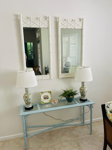 Faux Bamboo Console Sofa Table with Glass Top and Cane Shelf Available for Custom Lacquer