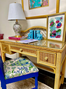 Vintage Henry Link Glass Top Wicker Desk Ready to Ship! - Hibiscus House