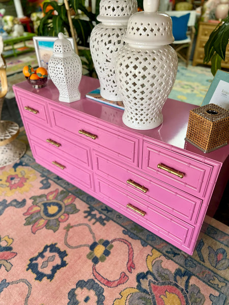 Vintage Dixie "Aloha" Faux Bamboo Dresser Lacquered in Begonia Available & Ready to Ship!