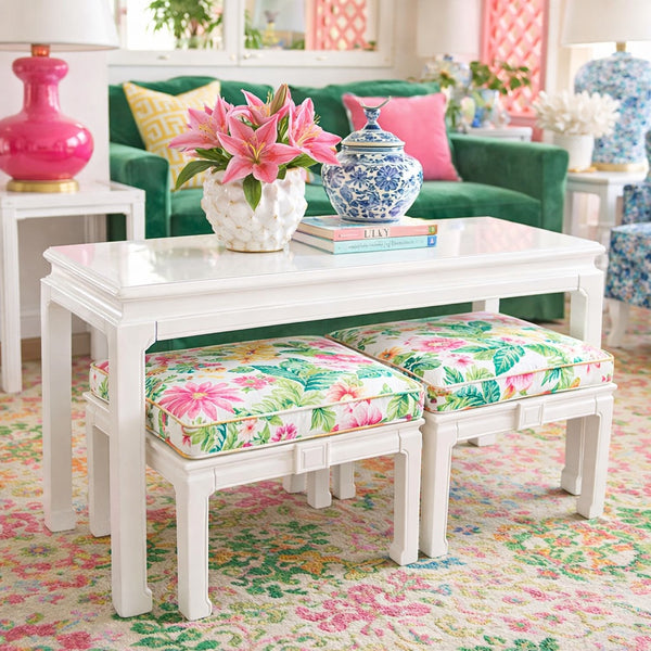 Vintage Henredon Console Table with Bench/ Ottoman Pair Available for Custom Lacquer! - Hibiscus House