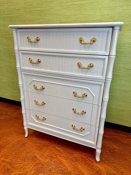 Broyhill Bamboo Tallboy Chest of Drawers Lacquered in Blue Heather Ready to Ship - Hibiscus House