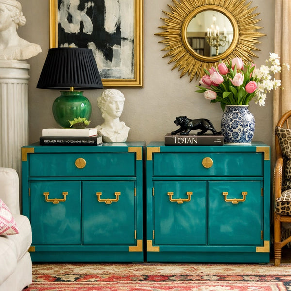 Vintage Pair of Thomasville Campaign Style Nightstands Available for Custom Lacquer! - Hibiscus House