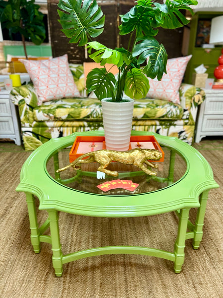 Vintage Round Coffee Table with Glass Top Lacquered in Benjamin Moore's Kiwi Ready to Ship