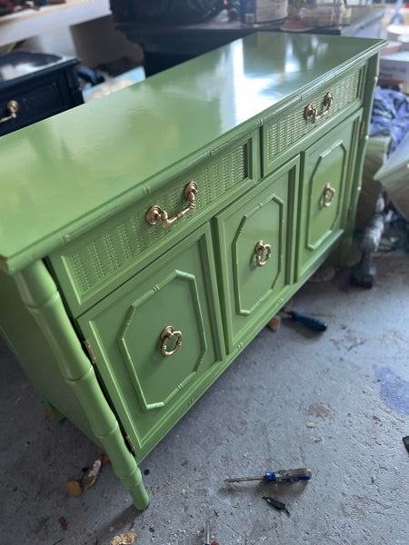 Vintage Broyhill Furniture Faux Bamboo Two-Piece China Cabinet Available for Custom Lacquer - Hibiscus House