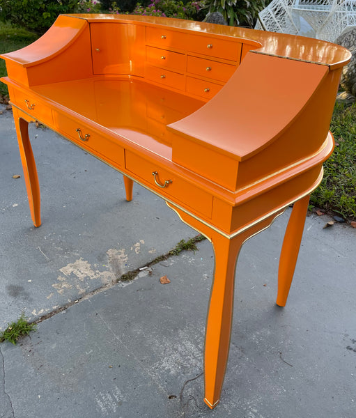 1970s Vintage Chinoiserie Style Floating Writing Desk/ Vanity Lacquered in "Startling Orange" Available & Ready to Ship