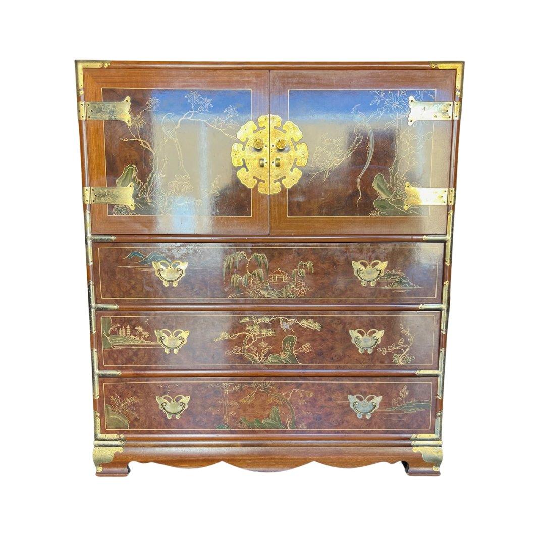 Vintage Korean Tansu-Style Tallboy Armoire with Butterfly Hardware Available for Custom Lacquer! - Hibiscus House