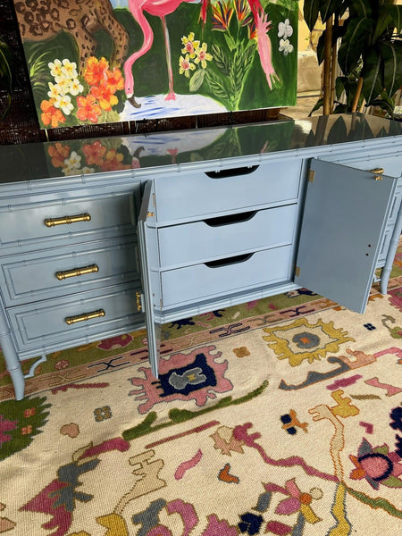 Vintage Dixie Furniture Company "Aloha" Collection Credenza Lacquered in Denim Wash and Ready to Ship! - Hibiscus House