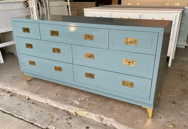 Stunning Henredon Campaign Style Seven Drawer Dresser Available for Lacquer