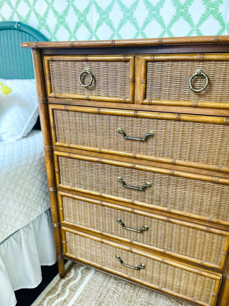 Henry Link Faux Bamboo Wicker Front Tallboy Chest Ready to Ship! - Hibiscus House