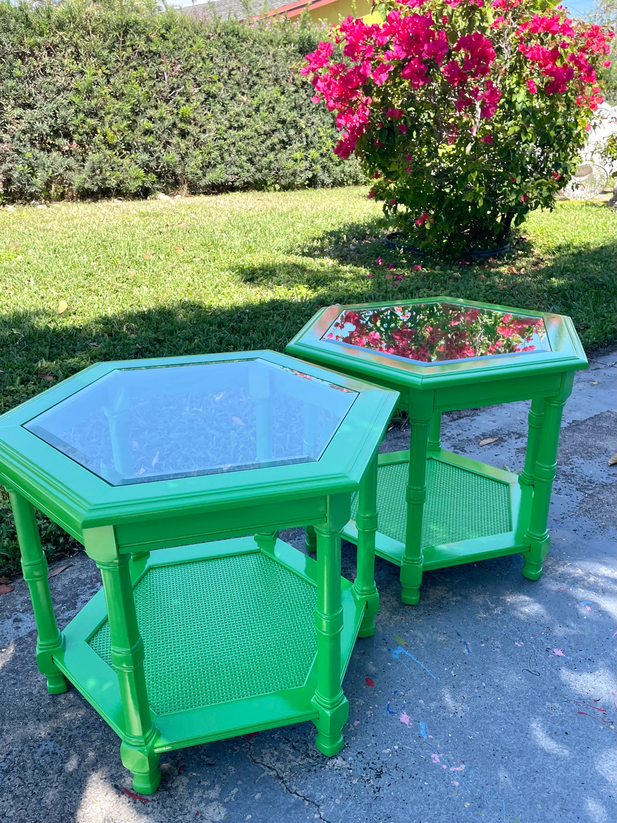 1970s Mersman Hexagonal Cane Faux Bamboo Side/End Tables Lacquered & R