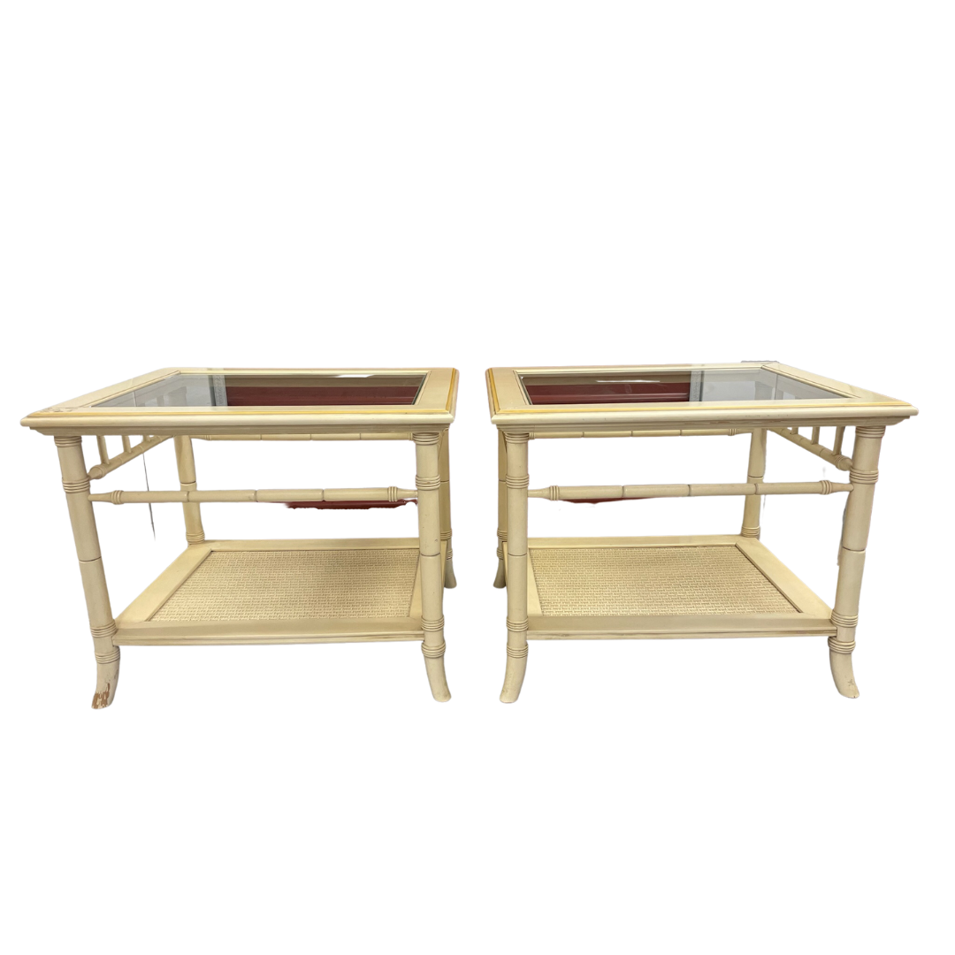 Vintage Glass Top Faux Bamboo and Cane End Table Pair with Fretwork Detail Available for Custom Lacquer!