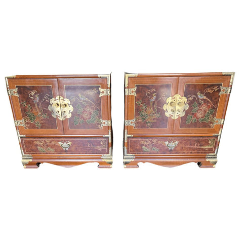 Vintage Korean Tansu-Style Butterfly Hardware Chinoiserie Nightstands Available for Custom Lacquer! - Hibiscus House