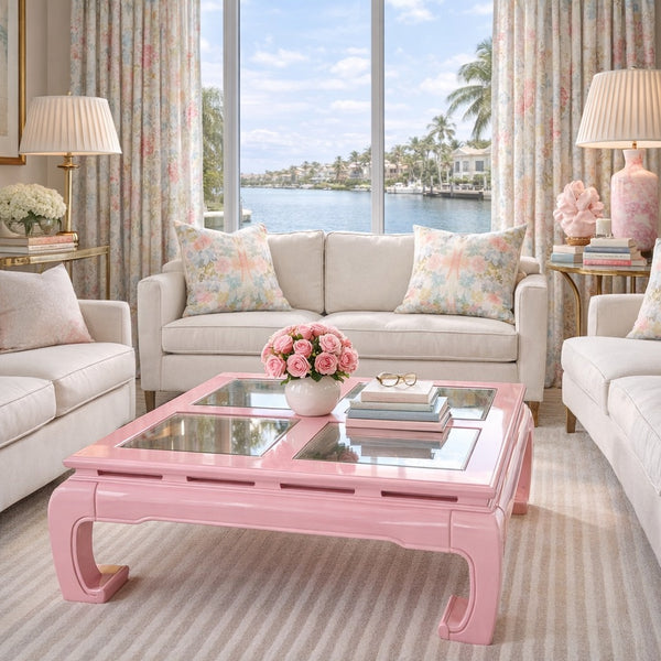 Vintage Ming Style Wood Coffee Table with Glass Top Available for Custom Lacquer! - Hibiscus House