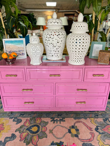 Vintage Dixie "Aloha" Faux Bamboo Dresser Lacquered in Begonia Available & Ready to Ship!