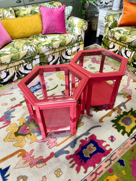 Vintage Octagon Shaped Side Table Pair Lacquered in Chili Pepper Ready to Ship!