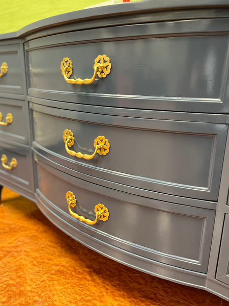 Vintage Bowfront Nine Drawer Dresser Lacquered in “Kensington Blue” Available & Ready To Ship!