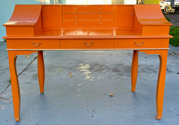 1970s Vintage Chinoiserie Style Floating Writing Desk/ Vanity Lacquered in "Startling Orange" Available & Ready to Ship
