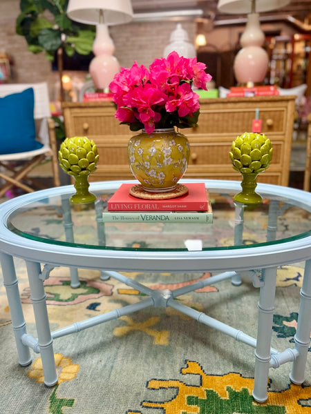 Vintage Faux Bamboo Coffee Table with Fretwork Available for Custom Lacquer! - Hibiscus House