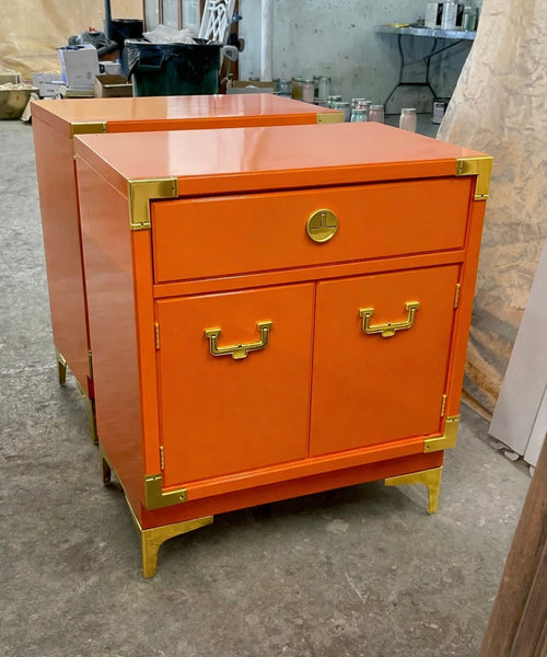 Vintage Pair of Thomasville Campaign Style Nightstands Available for Custom Lacquer! - Hibiscus House