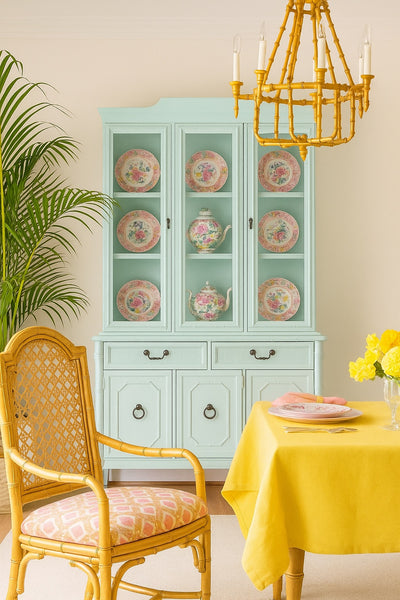 Vintage Broyhill Furniture Faux Bamboo Two-Piece China Cabinet Available for Custom Lacquer - Hibiscus House