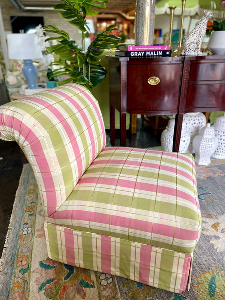 Vintage Pair of Pink and Green Plaid Slipper Chairs Ready to Ship - Hibiscus House