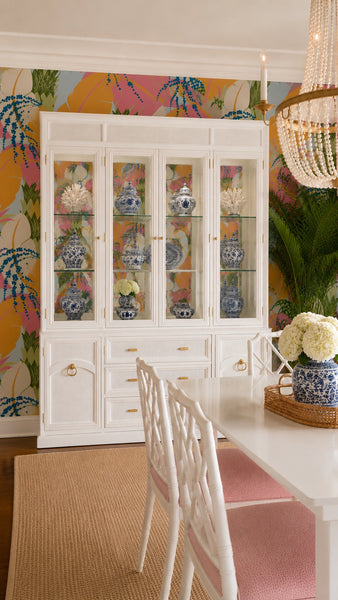 Vintage Bassett Bamboo & Cane Front Two Piece China Cabinet Available for Custom Lacquer!