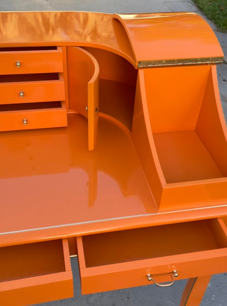 1970s Vintage Chinoiserie Style Floating Writing Desk/ Vanity Lacquered in "Startling Orange" Available & Ready to Ship