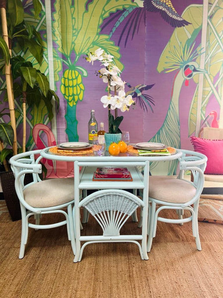 Vintage Rattan Honeymoon Table and Chairs Dining Set Lacquered & Ready to Ship! - Hibiscus House