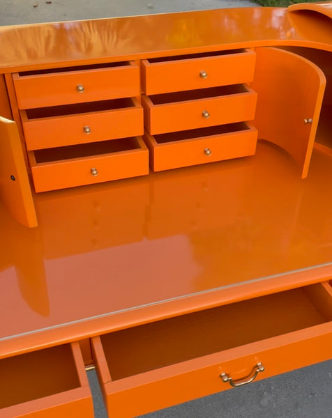 1970s Vintage Chinoiserie Style Floating Writing Desk/ Vanity Lacquered in "Startling Orange" Available & Ready to Ship