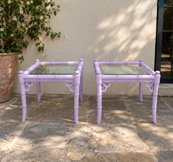 Vintage Thomasville Allegro Bamboo Side Table Pair with Fretwork Available for Custom Lacquer!