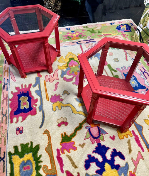 Vintage Octagon Shaped Side Table Pair Lacquered in Chili Pepper Ready to Ship! - Hibiscus House