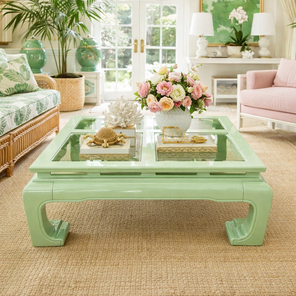 Vintage Ming Style Wood Coffee Table with Glass Top Available for Custom Lacquer! - Hibiscus House