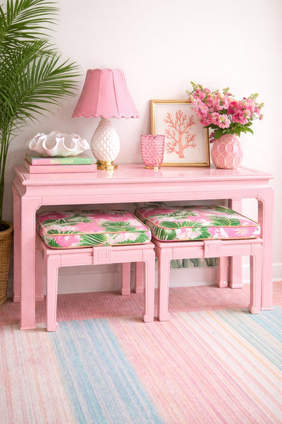 Vintage Henredon Console Table with Bench/ Ottoman Pair Available for Custom Lacquer! - Hibiscus House