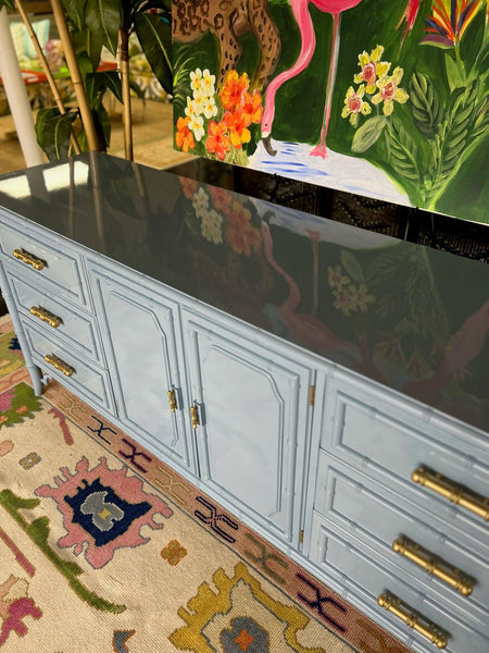 Vintage Dixie Furniture Company "Aloha" Collection Credenza Lacquered in Denim Wash and Ready to Ship! - Hibiscus House