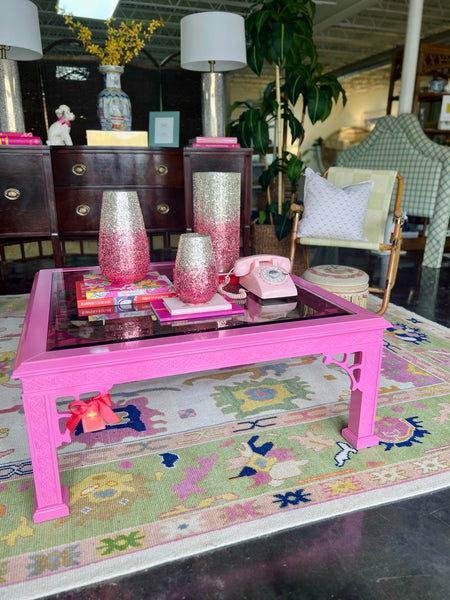 Vintage Chippendale Glass Top Coffee Table Lacquered in Pink Ladies Ready to Ship!