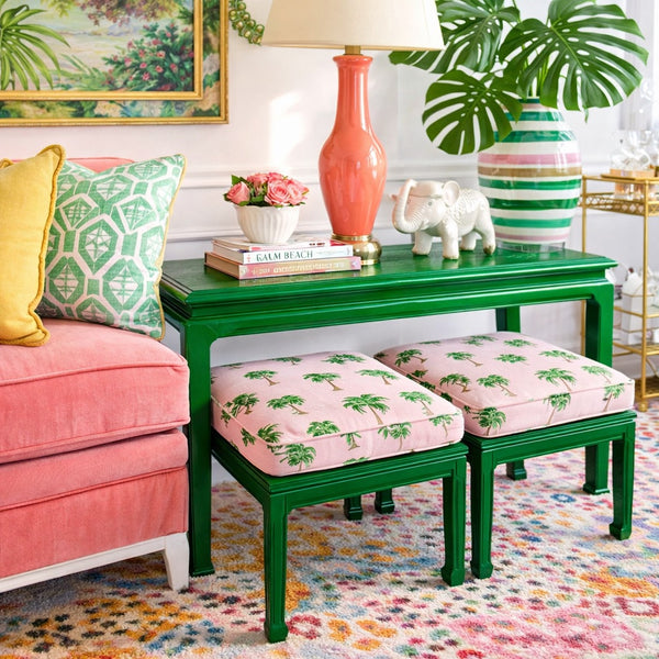Vintage Henredon Console Table with Bench/ Ottoman Pair Available for Custom Lacquer! - Hibiscus House