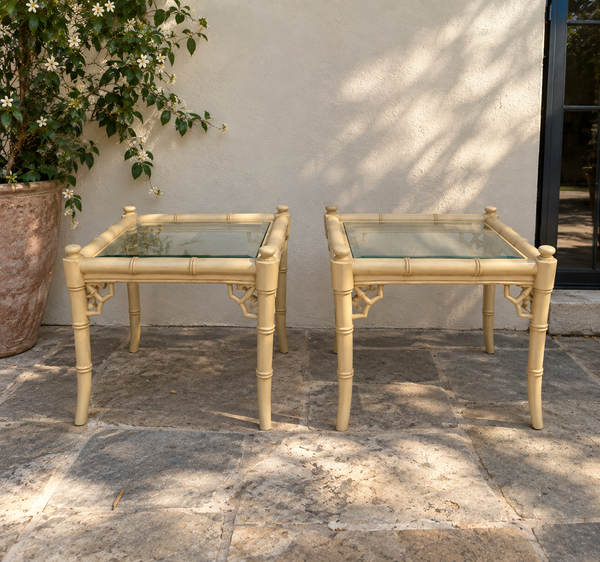 Vintage Thomasville Allegro Bamboo Side Table Pair with Fretwork Available for Custom Lacquer!
