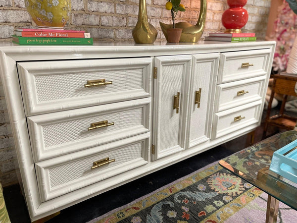 Vintage Faux Bamboo and Cane Nine Drawer Credenza Lacquered in Sea Pearl - Hibiscus House