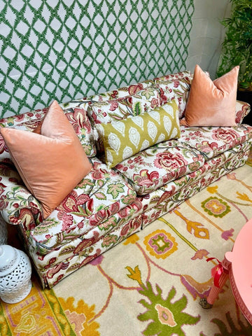 Vintage Baker Furniture Chinoiserie Sofa in Robert Allen Summerlin Geranium Fabric Ready to Ship! - Hibiscus House