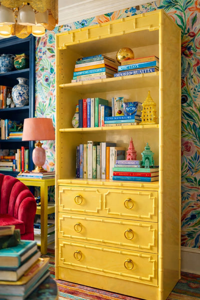 Vintage Drexel Omega Faux Bamboo Bookcase with Drawers Available for Custom Lacquer - Hibiscus House